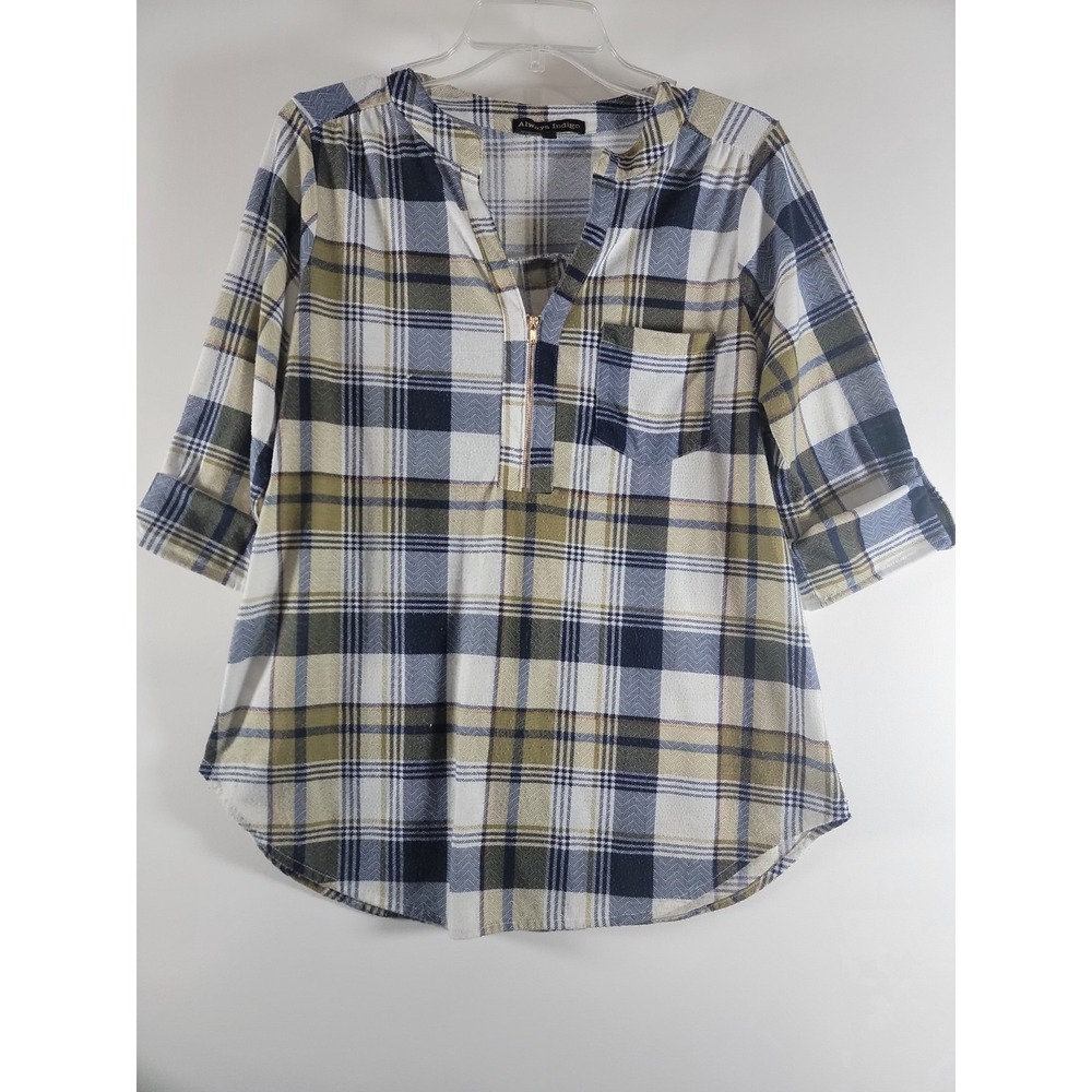 Always Indigi Multicolor Plaid 1/2 Zip Flannel Top Size Large
